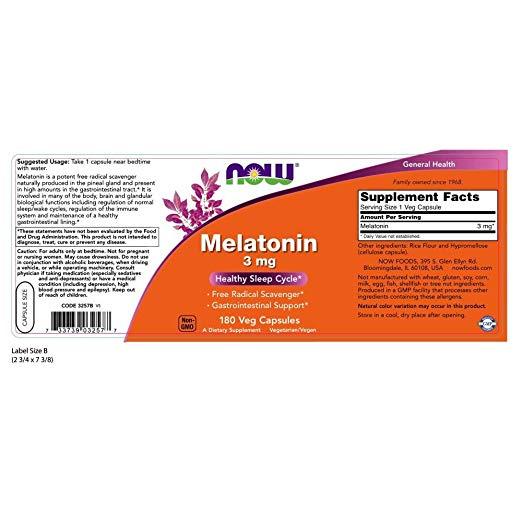 NOW Melatonin 3mg Lozenges Healthy Sleep Cycle (180 Veg Capsules)