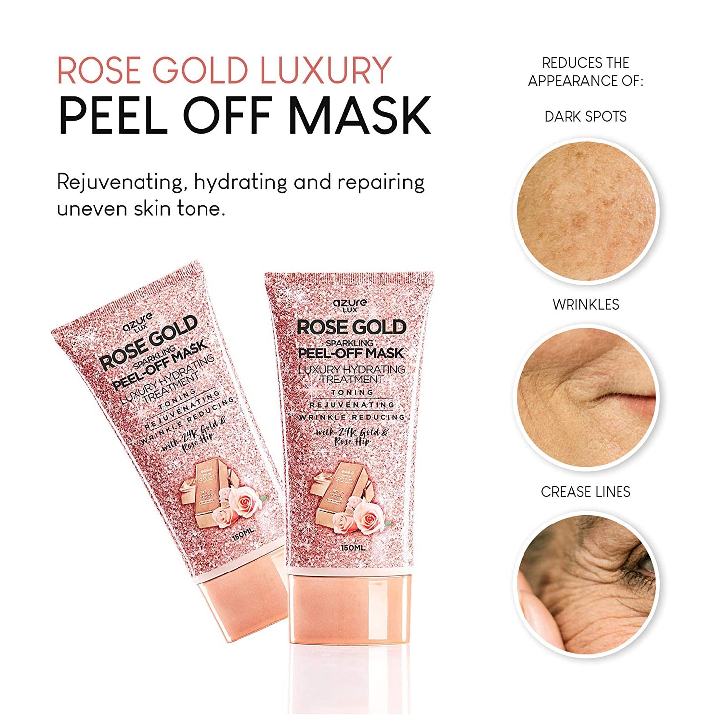 Azure Lux Rose Gold Sparkling Peel-Off Face Mask Luxury Hydrating Treatment with 24K Gold & Rose Hip, 150ml