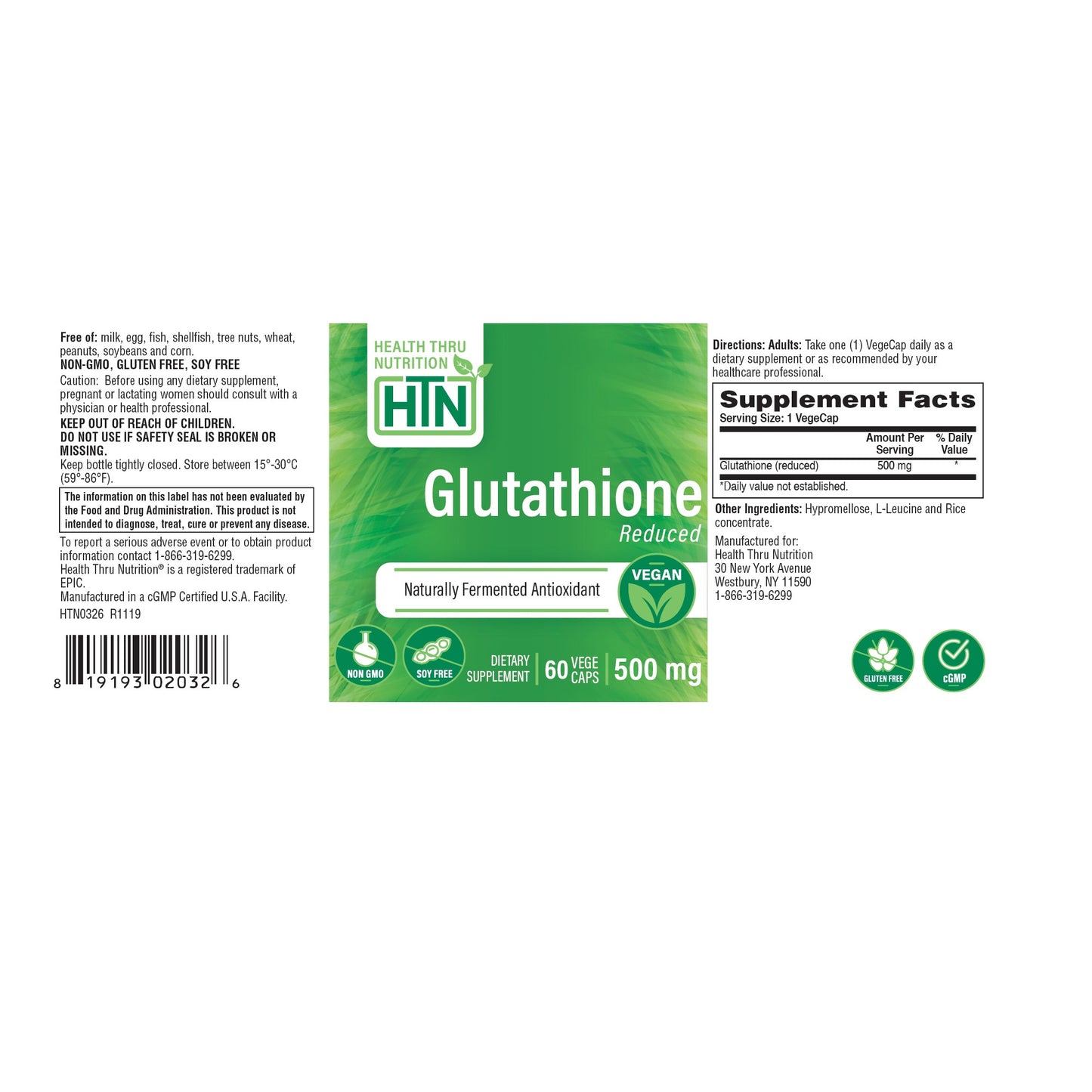 Health Thru Nutrition Glutathione (Reduced/Natural) 500mg (NON-GMO) 60 Vegecaps