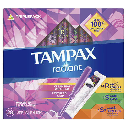 Tampax Radiant Tampons Trio Pack Regular/Super/Super Plus Absorbency, Unscented, 28 Count