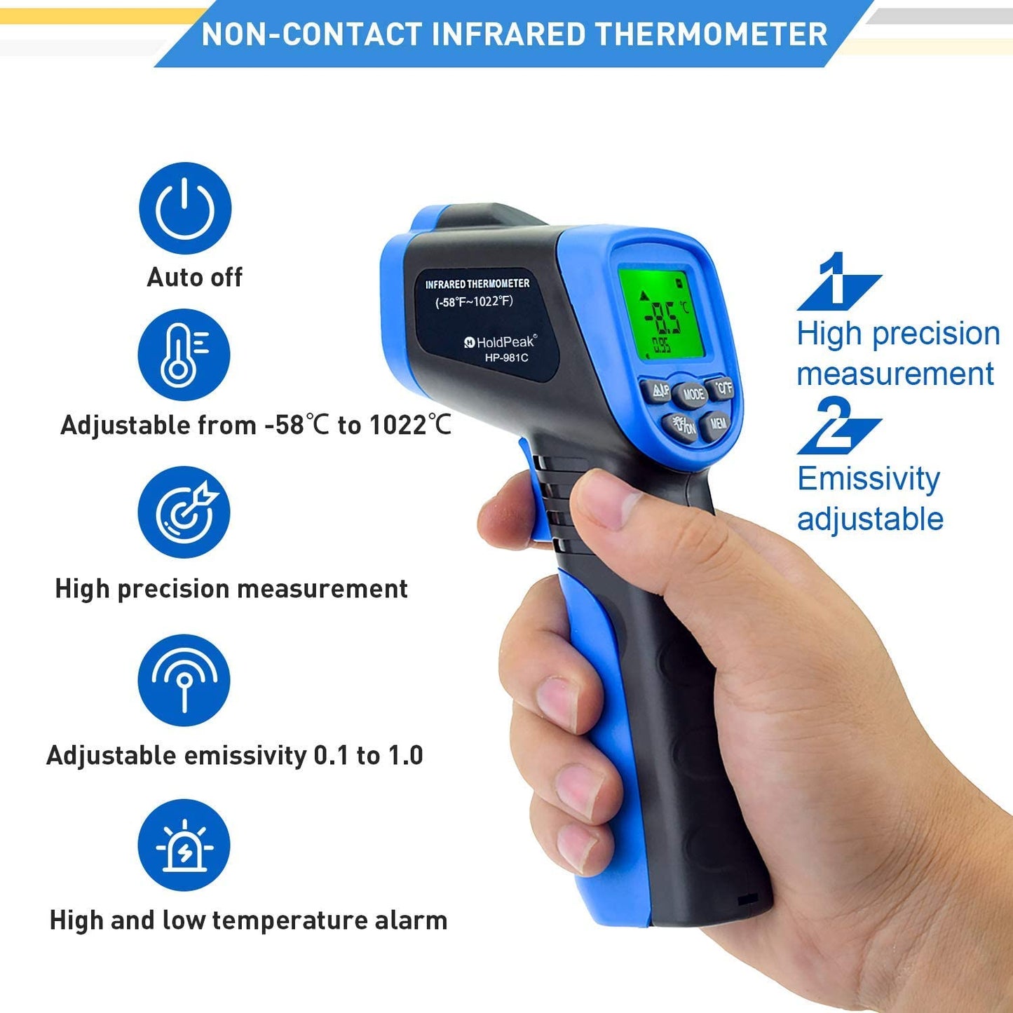 HOLDPEAK HP-981C Non Contact Digital Laser Infrared Thermometer Temperature Gun (-50 to 550℃) with 9V Battery