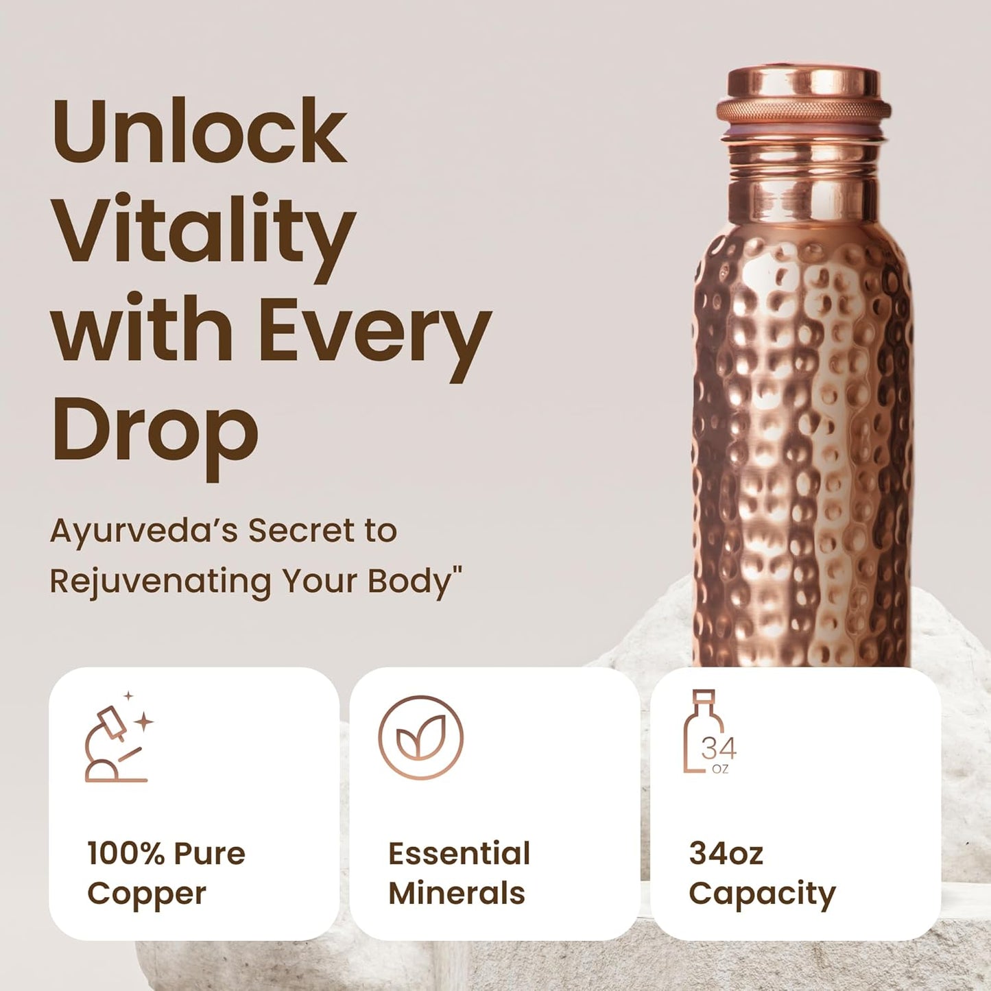 OTIEM Pure Copper Water Bottle Hammered Finish, 34 oz