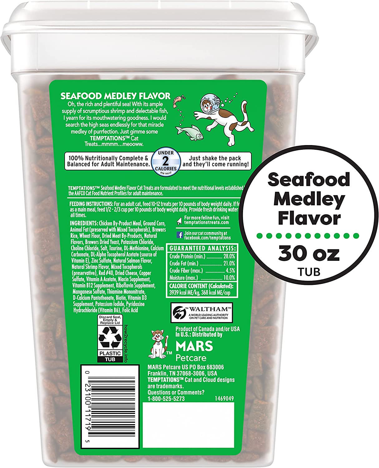 Temptations Crunchy Outside and Soft Inside Treats For Cats Seafood Medley Flavor 30Oz / 850g