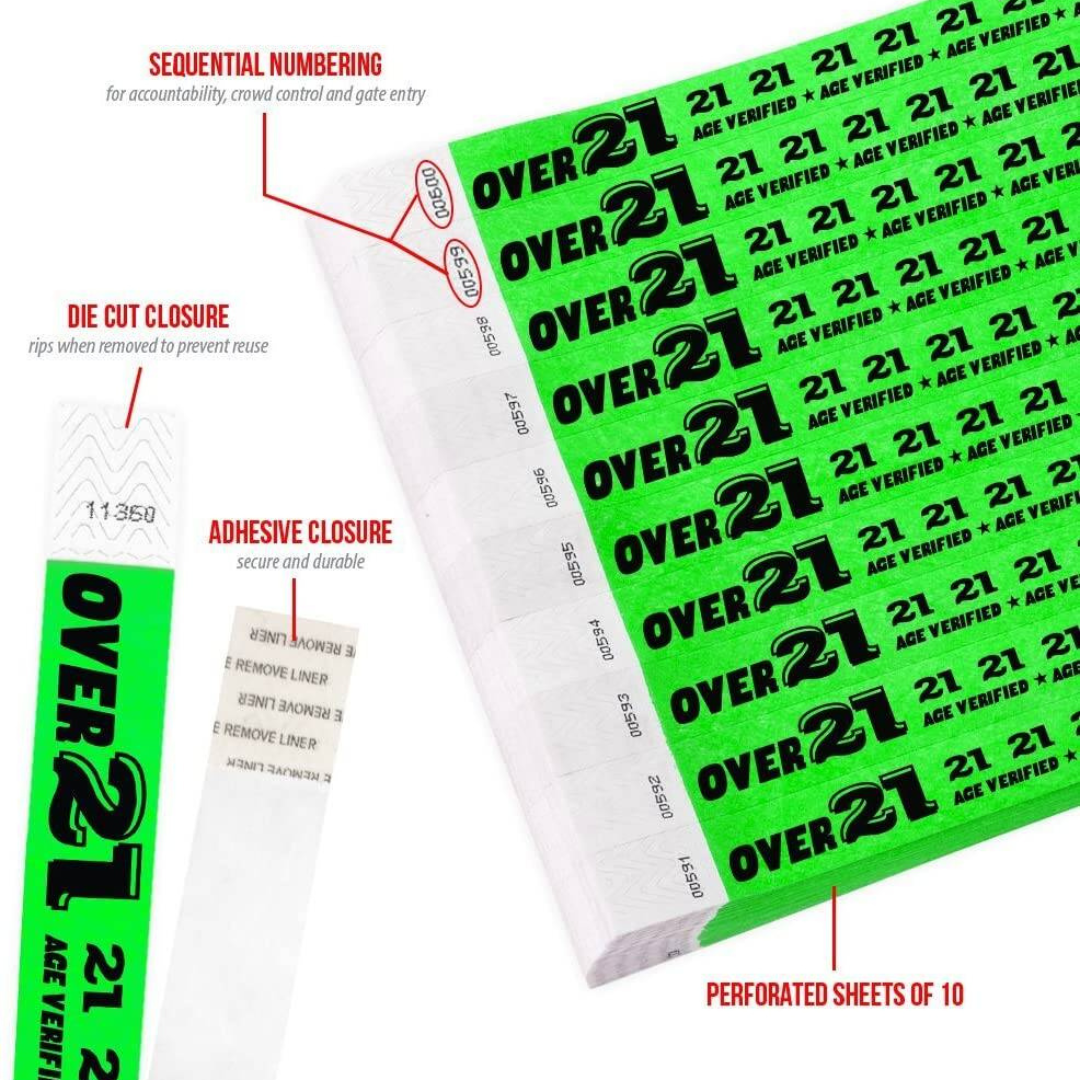 WristCo Over 21 Neon Green 3/4" Tyvek Paper Wristbands for Events, Pack of 200