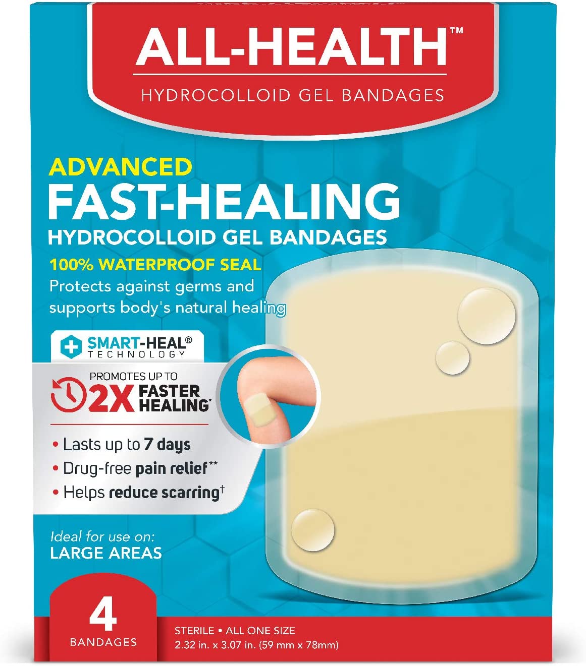 All-Health Hydrocolloid Gel Bandages Advanced Fast Healing Bandages For Large Areas - 4 Bandages