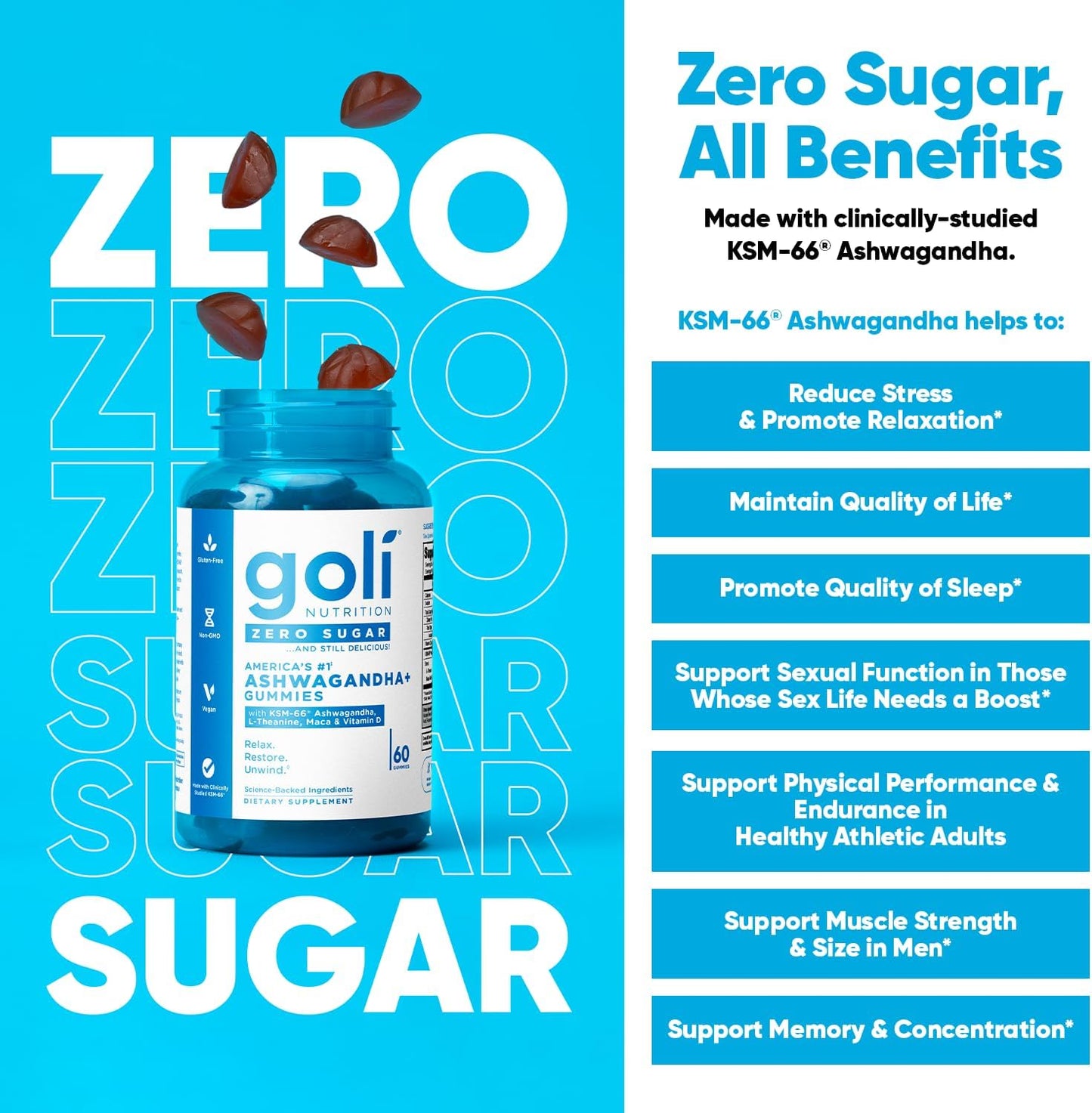 Goli Nutrition Zero Sugar Ashwagandha Gummies Dietary Supplement, 60 Gummies
