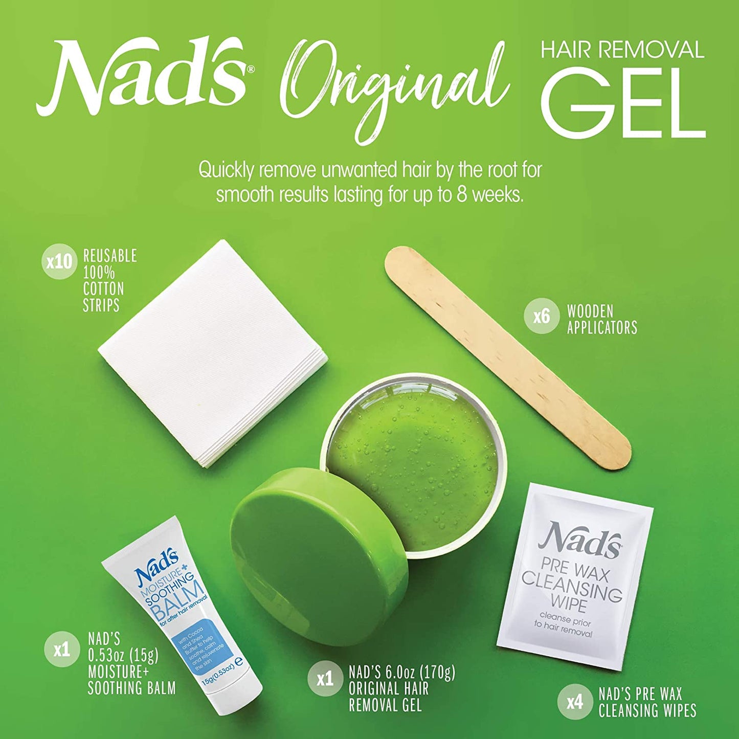 Nad's Original Hair Removal Gel Kit, No Heat, Gentle Formula For Women Body+Face Wax