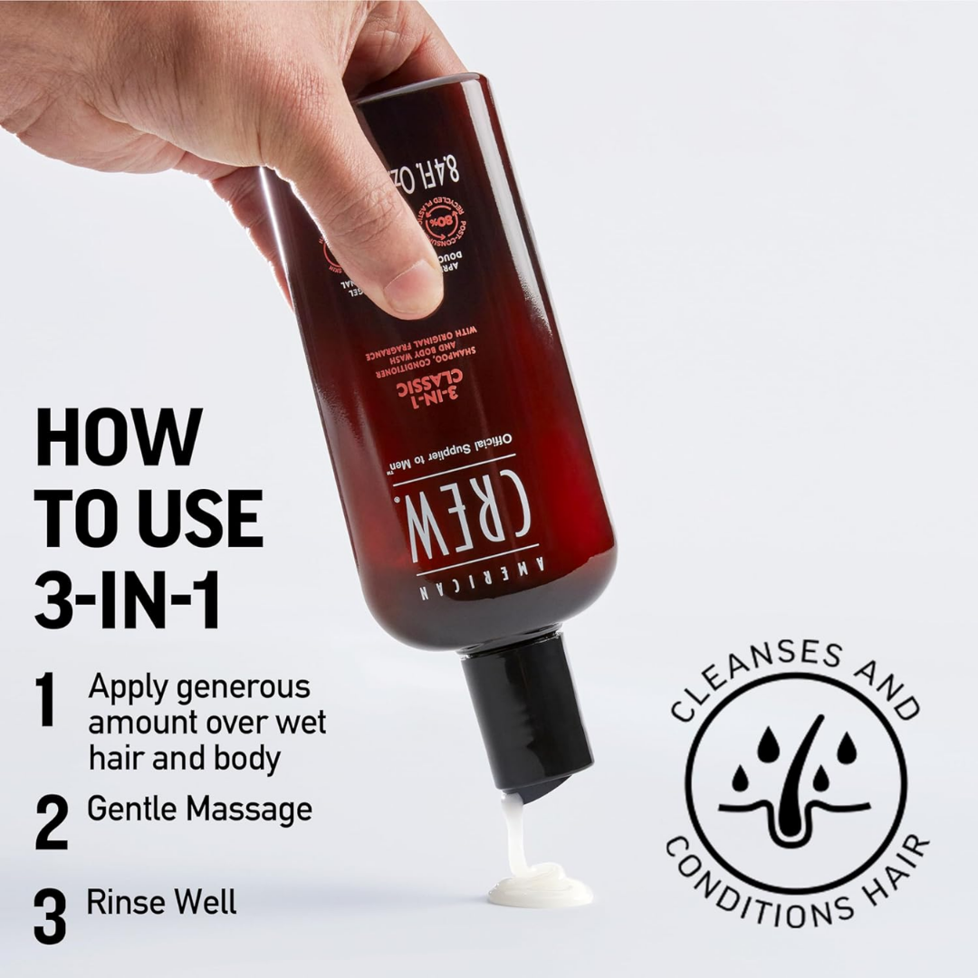 American Crew 3-in-1 Classic Shampoo, Conditioner & Body Wash, 33.8 oz / 1 L