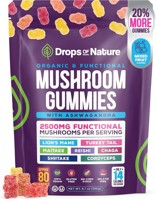 Drops of Nature Organic & Functional Mushroom Gummies with KSM-66 Ashwaganda, 246 g / 8.7 oz