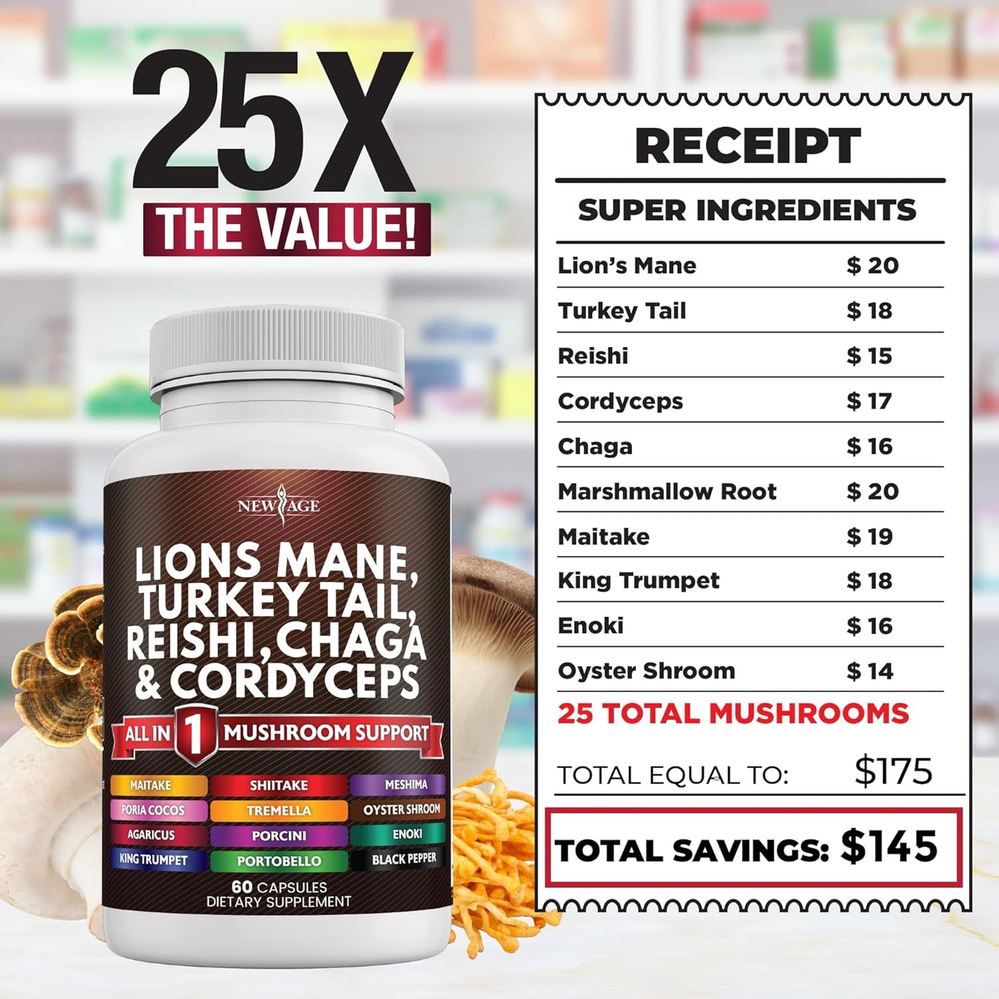 New Age Lions Mane, Turkey Tail, Reishi, Chaga & Cordyceps All in 1 Mushroom Support Supplement 60 Capsules