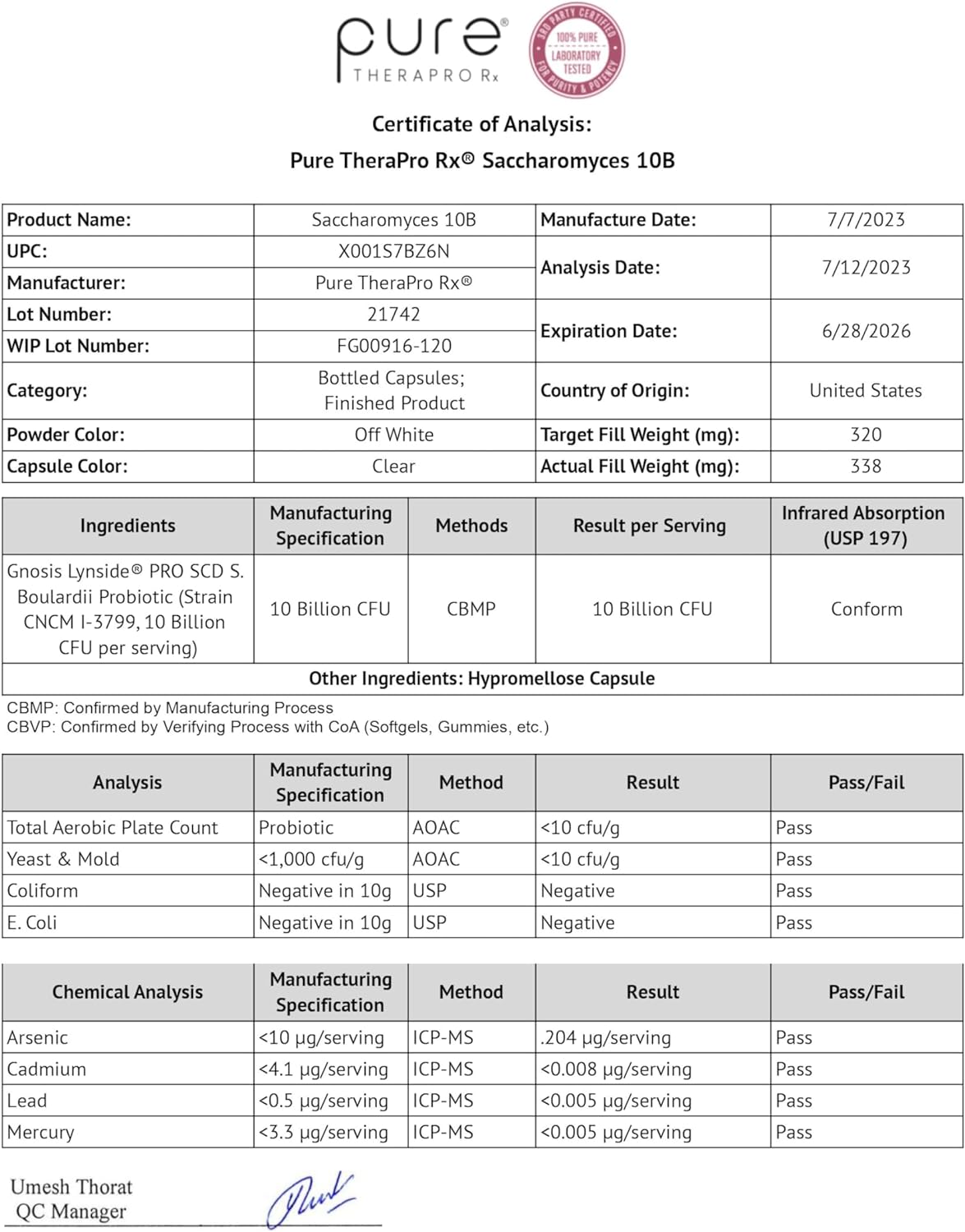 Pure Therapro Sccharomyces 10B Supplement 120 Vegetarian Capsules