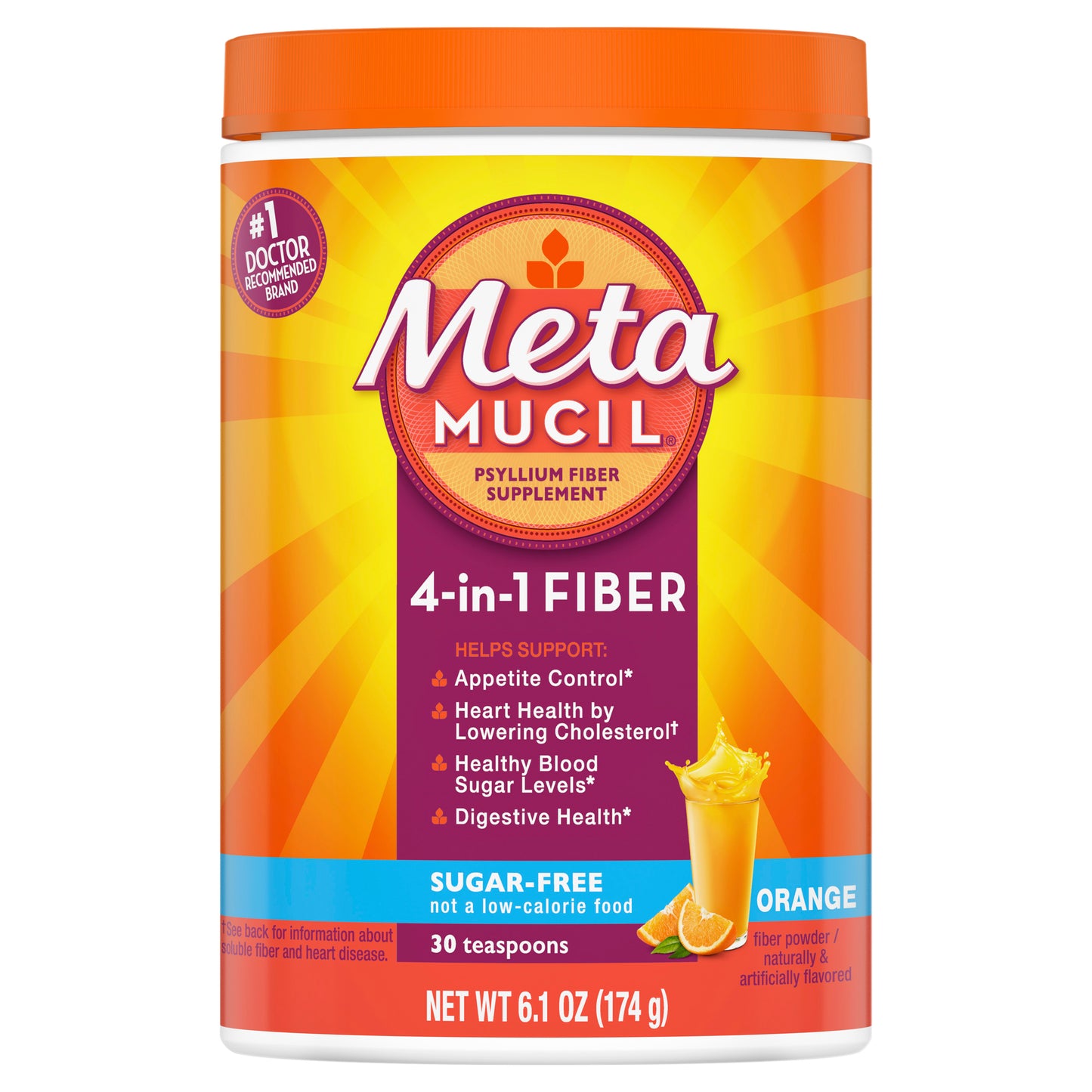 Metamucil Psyllium Sugar-Free Fiber Supplement Powder, Orange, 30 tsp (6.1 oz)