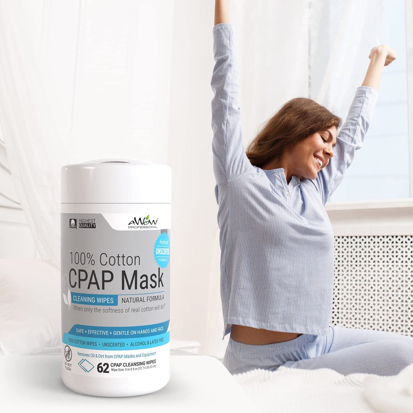 AWow Professional 100% Cotton Cpap Mask Unscented Cleaning Wipes 62Count