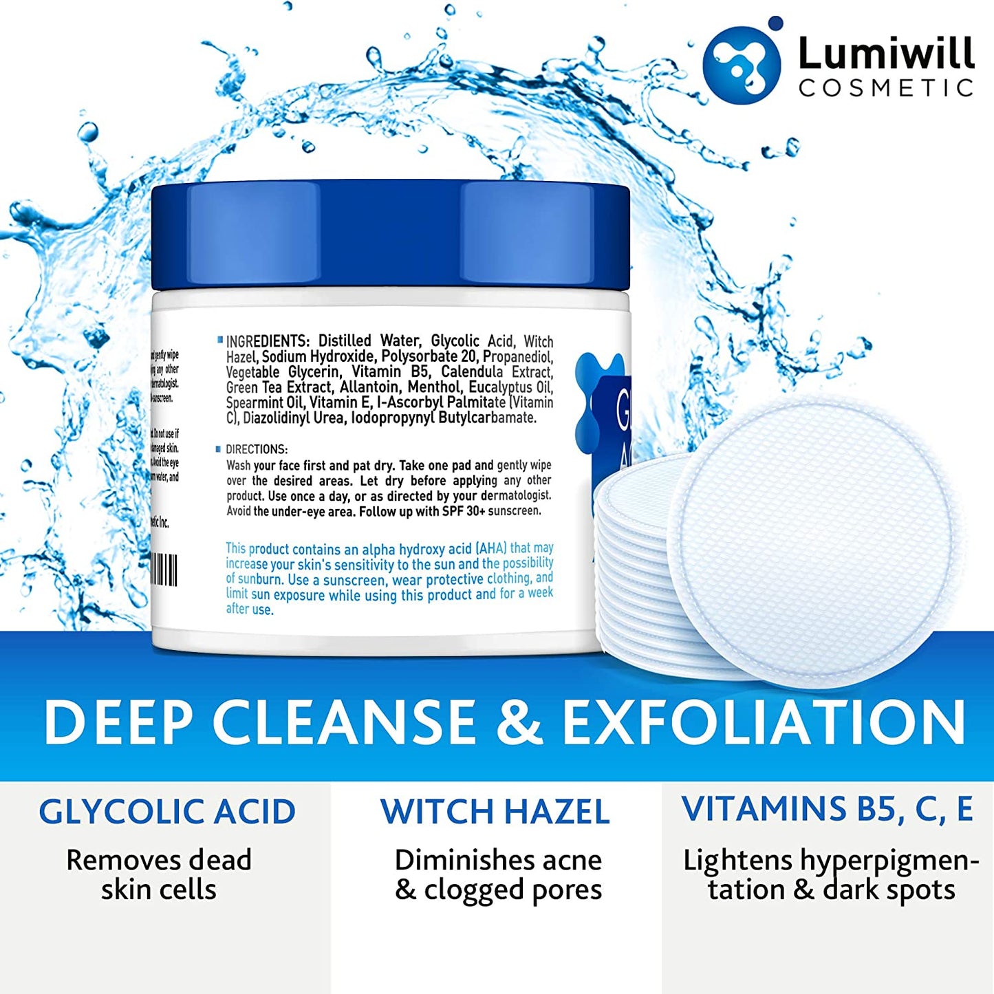 Lumiwill Cosmetic Glycolic Acid Pads 35% Facial Peel Anti-Aging Resurfacing Pads with Vitamins B5, C, E & Menthol, 50 Pads