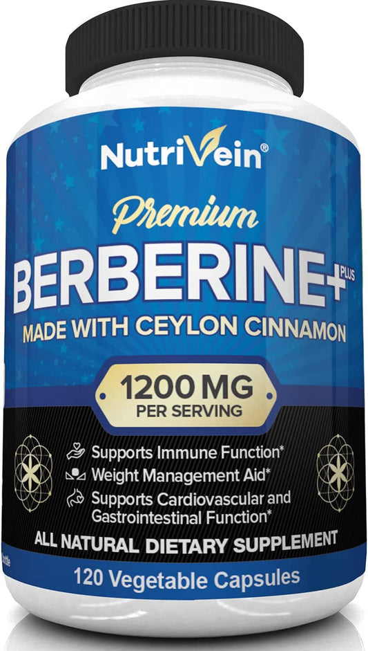 NutriVein Premium Berberine+ Made With Ceylon Cinnamon Natural Dietary Supplement - 120 Capsules