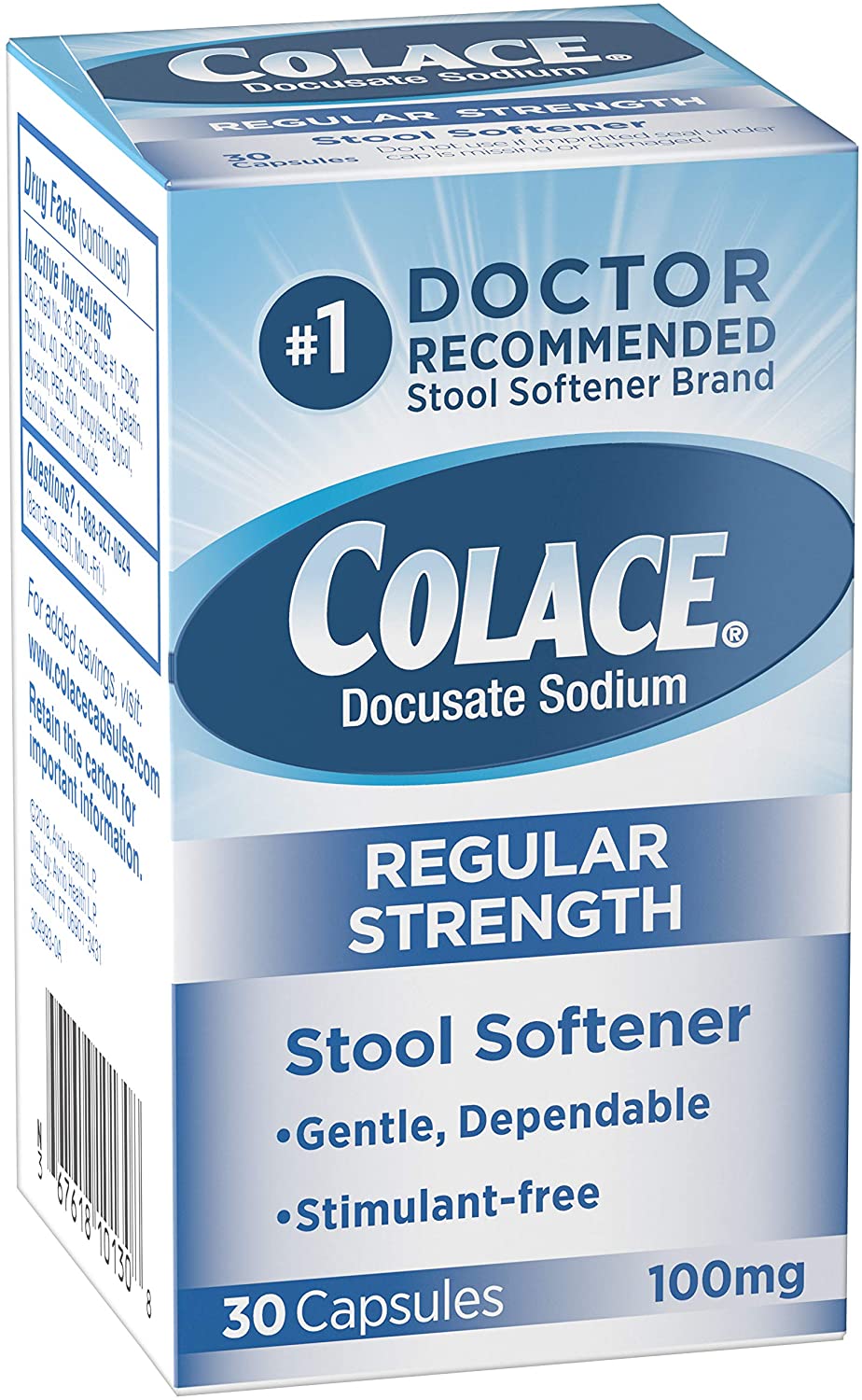 Colace Docusate Sodium Regular Strength Stool Softener 100 mg, 30 Capsules