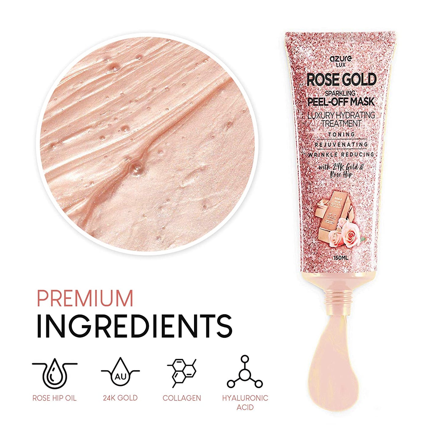 Azure Lux Rose Gold Sparkling Peel-Off Face Mask Luxury Hydrating Treatment with 24K Gold & Rose Hip, 150ml