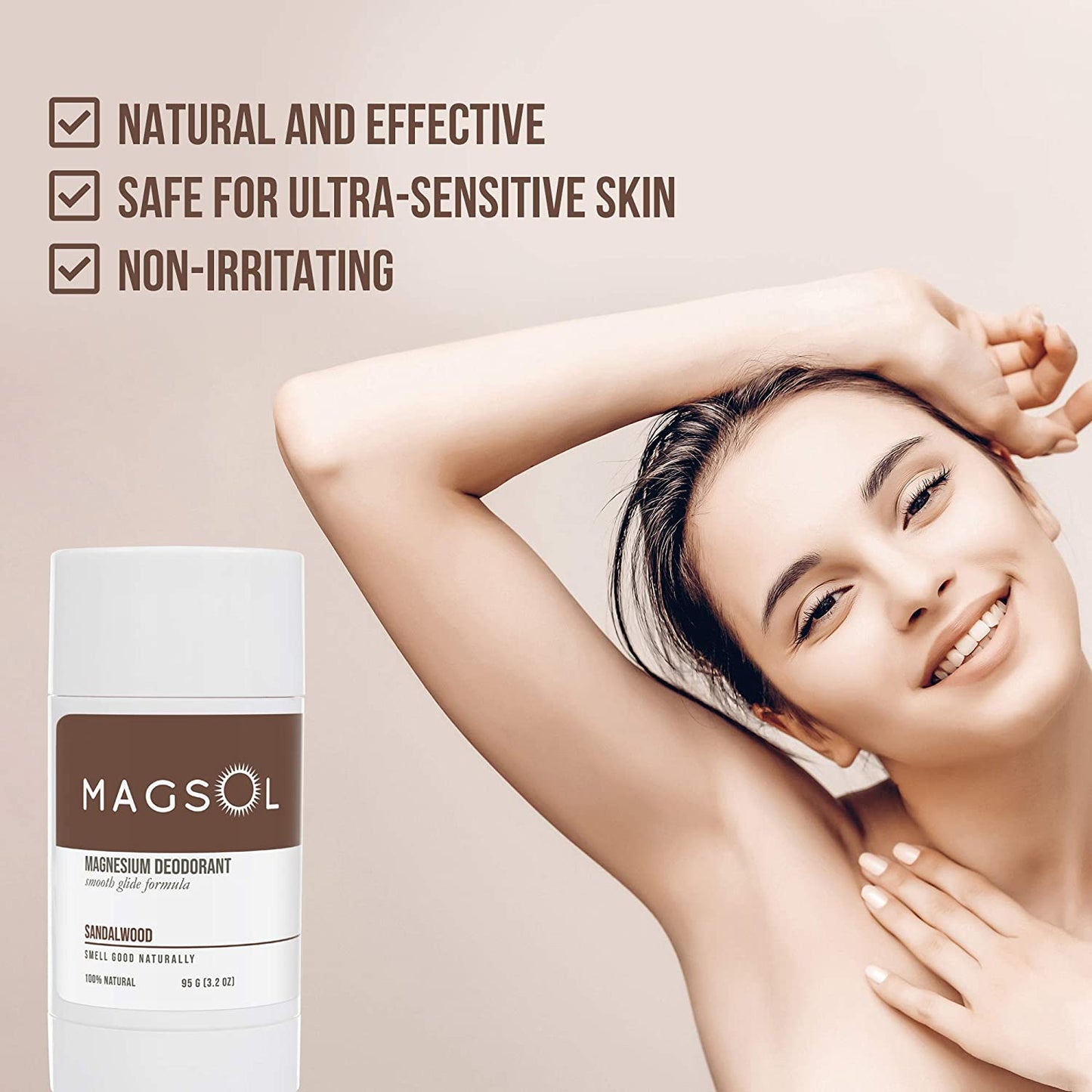 MAGSOL Magnesium 100% Natural Deodorant for Men & Women, Sandalwood, 3.2 oz. / 95g