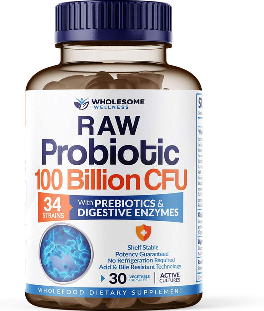 Wholesome Wellness Probiotics 100 Billion CFU for Men and Women with Prebiotics & Digestive Enzymes, 30 Capsules