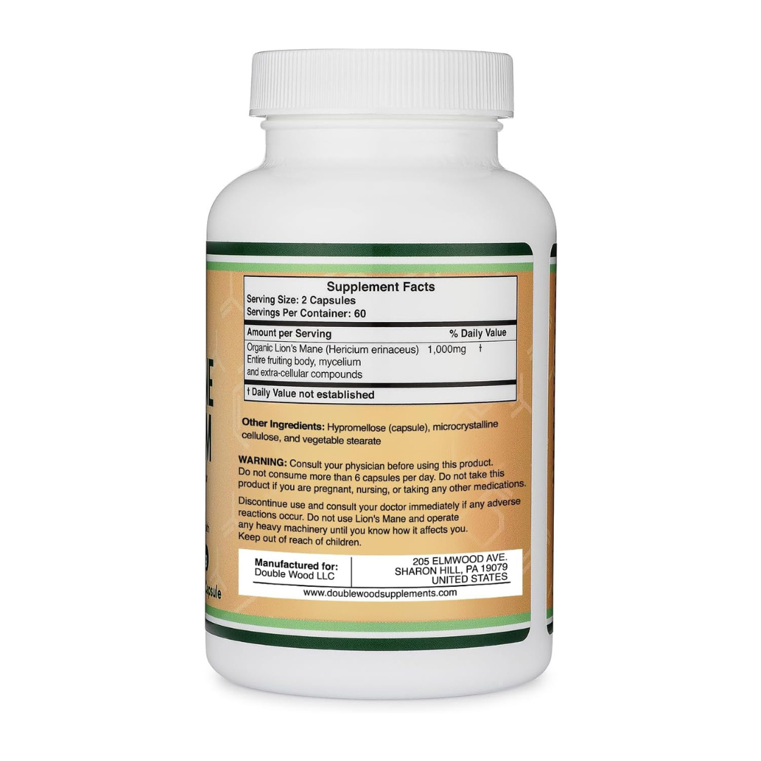 Double Wood Lion's Mane Mushroom 500mg Supplement 120 Capsules