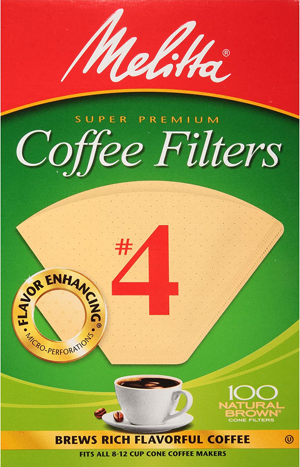 Melitta Super Premium #4 Coffee Filters, 100 Natural Brown Cone Filters (Fits all 8-12 Cup Cone Coffee Makers)