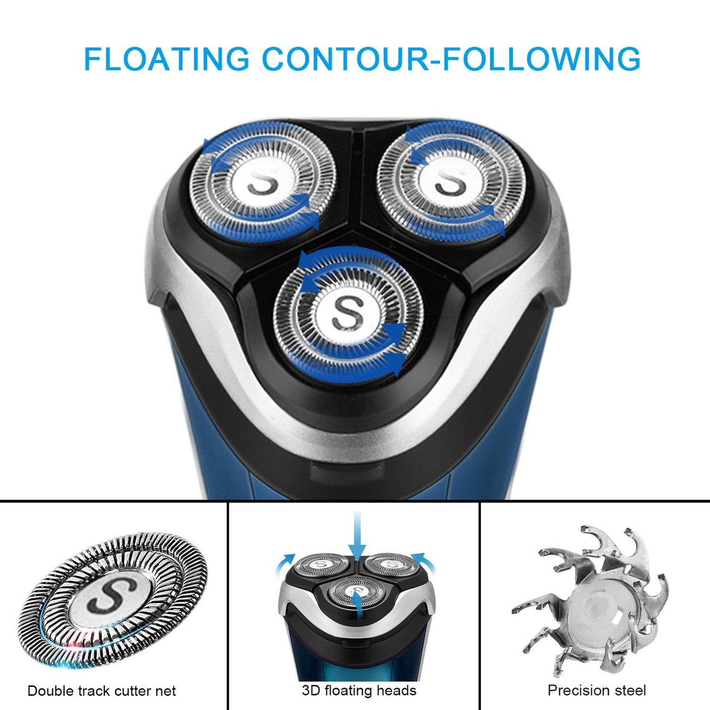 SweetLF 3D Rechargeable 100% Waterproof IPX7 Electric Shaver Wet & Dry Rotary Shavers for Men Electric Shaving Razors with Pop-up Trimmer, Blue (SW-S7105)