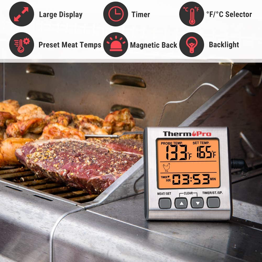 ThermoPro TP-16S Digital Meat Thermometer Smoker with Smart Kitchen Timer Mode and Backlight