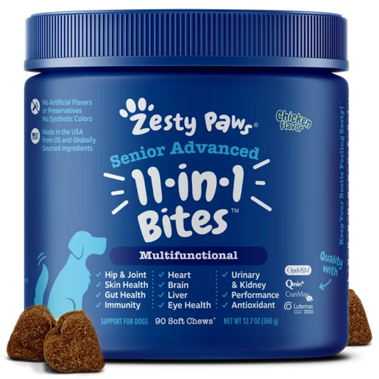 Zesty Paws Advanced 11-in-1 Multifunctional Bites for Senior Dogs | Chicken Flavor - 90 Soft Chews