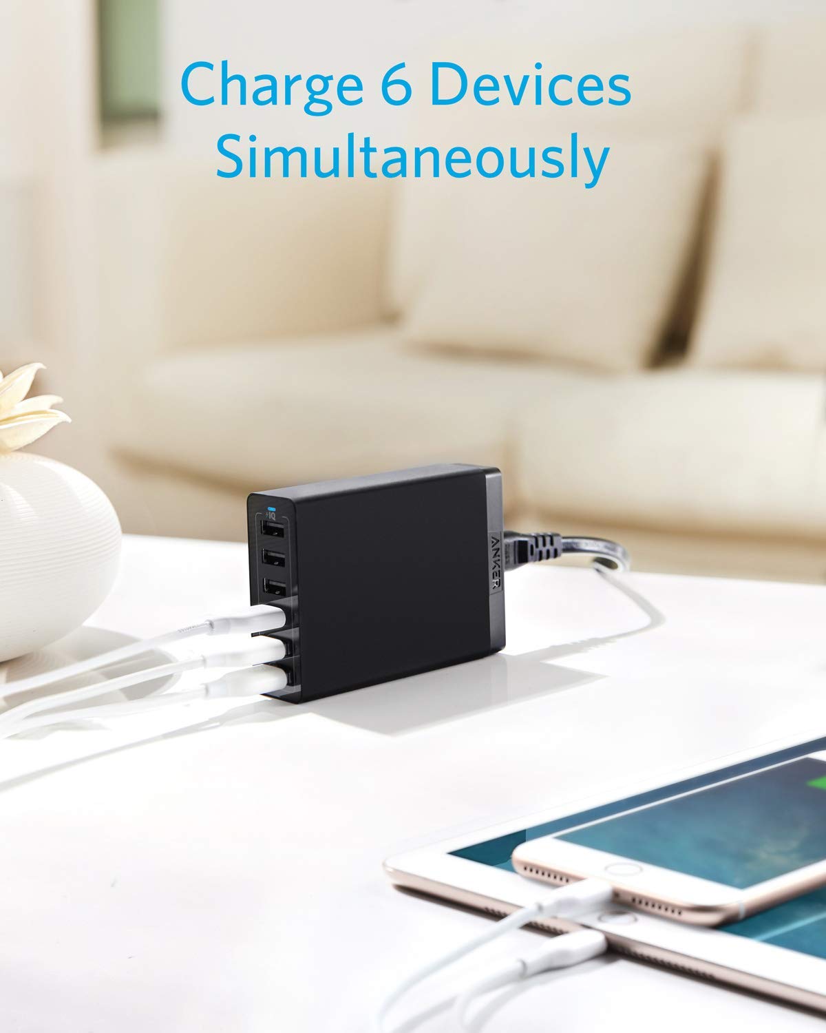 6 Port USB Wall Charger 60W Charging Station, Multi USB Charger, Black