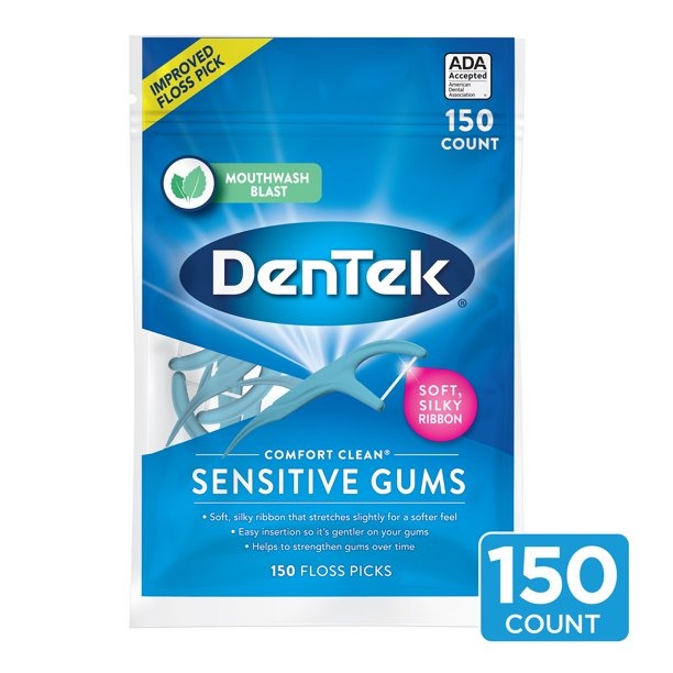 DenTek Comfort Clean Sensitive Gums Soft Silky Ribbon, 150 Floss Picks