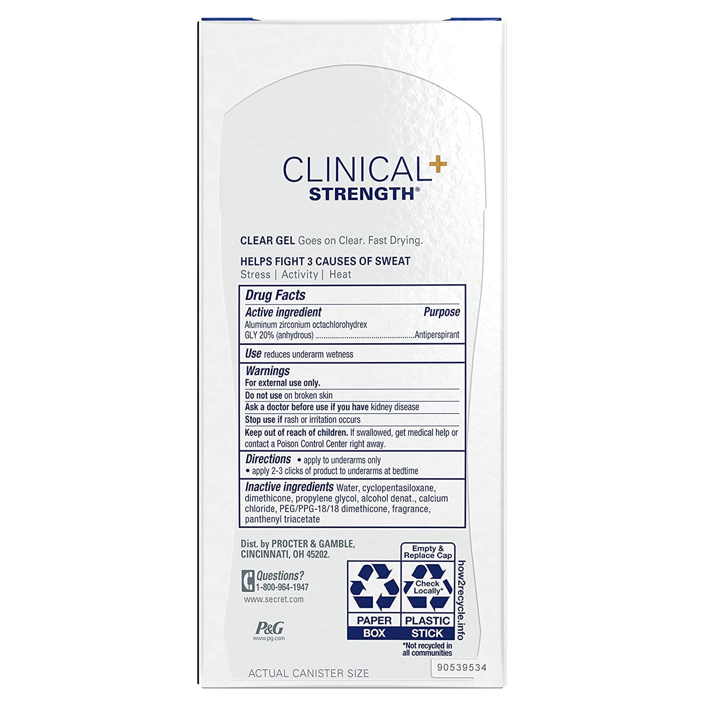 Secret Clinical+ Strength Completely Clean, 48 HR Clear Gel Deodorant for Women, 2.6 oz. / 73g