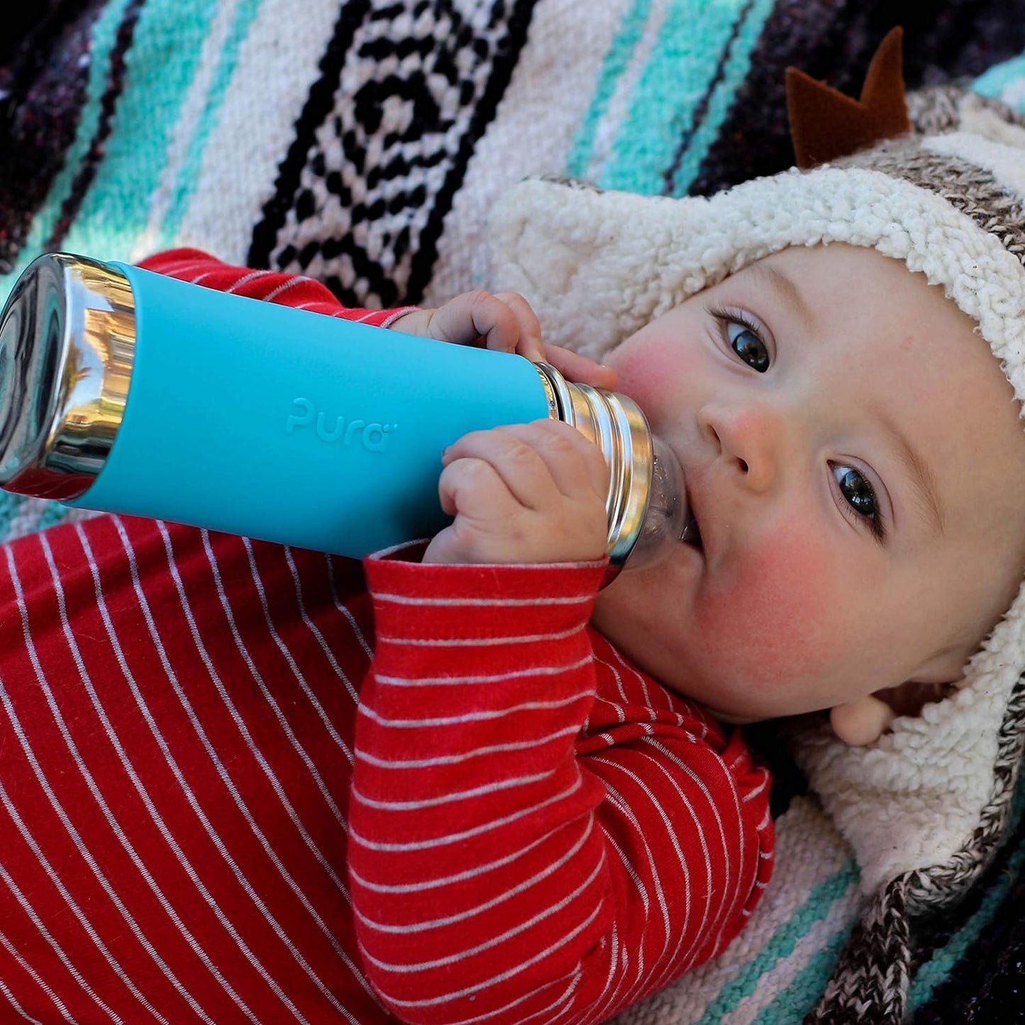 Pura Stainless Steel Infant Bottle w/Sleeve, Medium-Flow Nipple, 3 Months+ (Aqua) 11oz/325ml