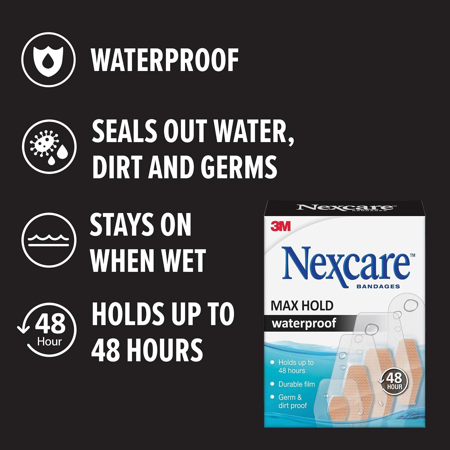 Nexcare Max Hold Waterproof Bandages, One Size, 60 Bandages