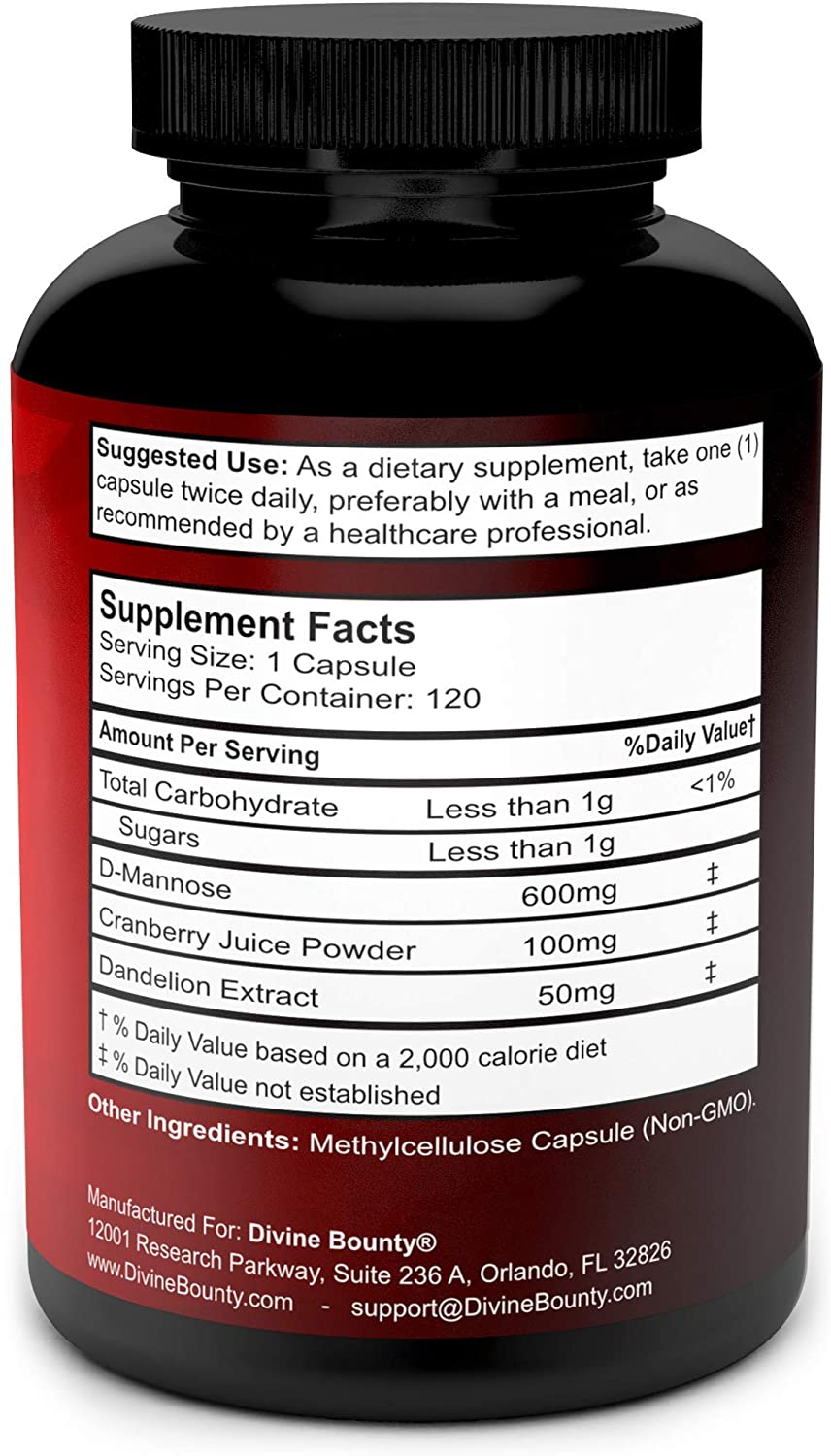 Divine Bounty D-Mannose with Cranberry & Dandelion Extract 600 mg, 120 Vegetarian Capsules Support Normal Urinary Tract Health