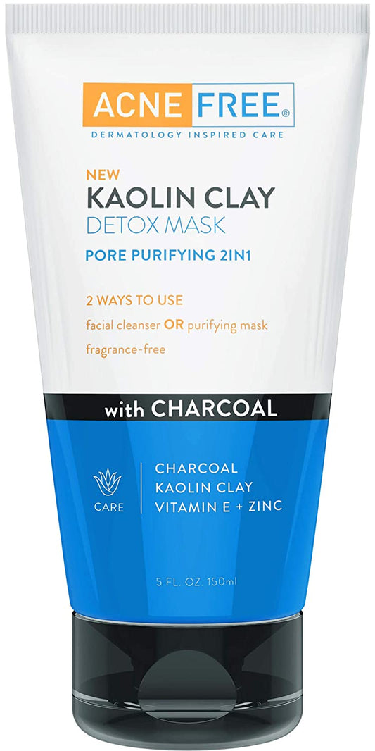 Acne Free Kaolin Clay Detox Mask 2-In-1 Pore Purifying with Charcoal & Vitamin E + Zinc, 5 fl.oz / 150ml