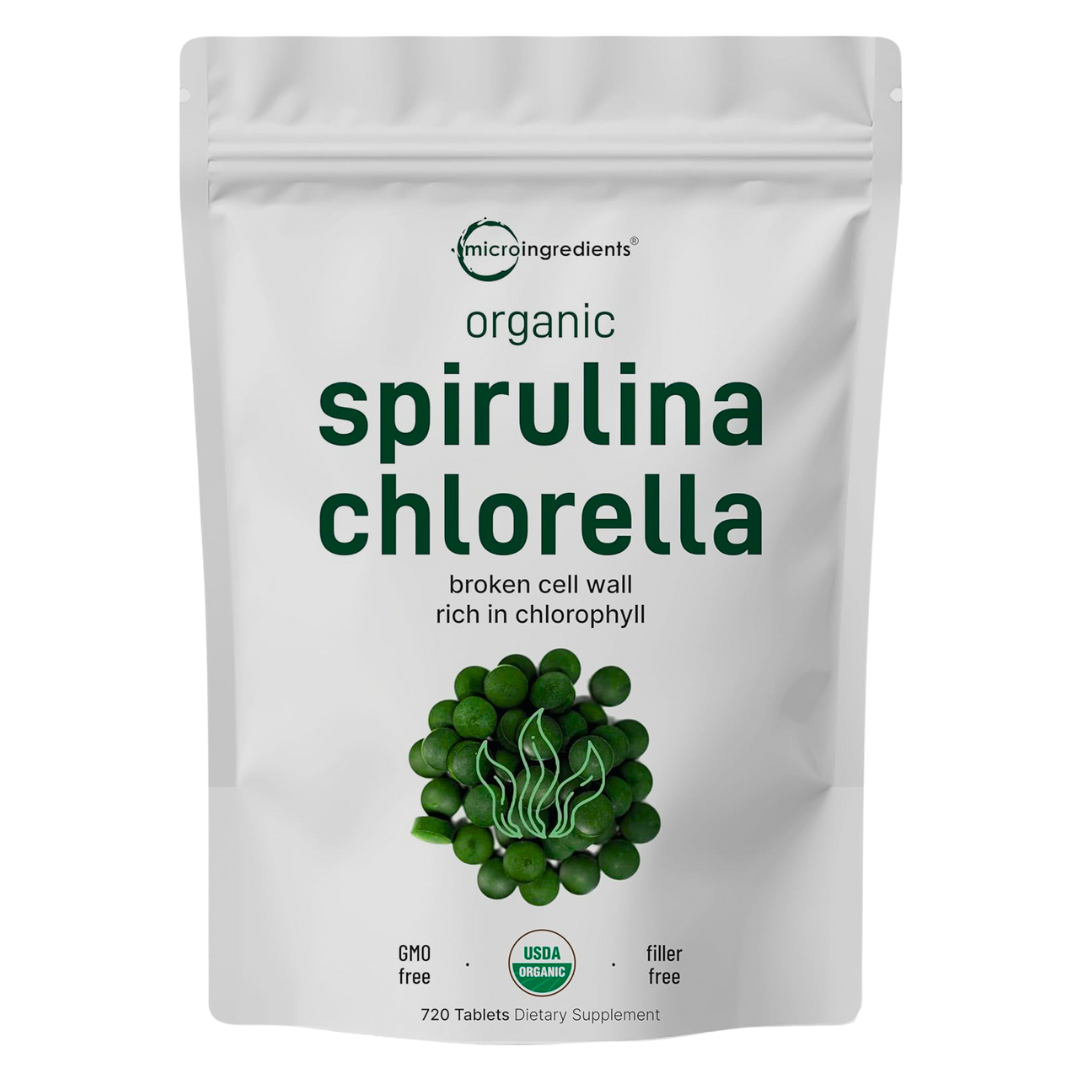 Microingredients Organic Spirulina Chlorella Supplement 720 Tablets