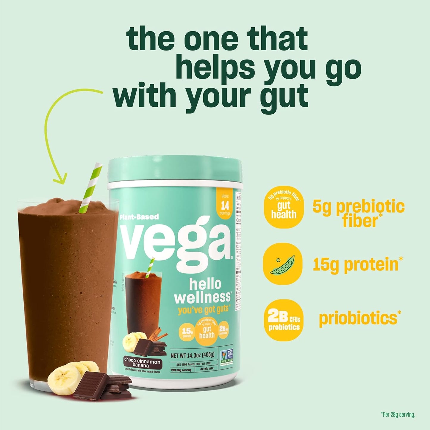 Vega Plant-Based Hello Wellness You've Got Guts Choco Cinnamon Banana 405g