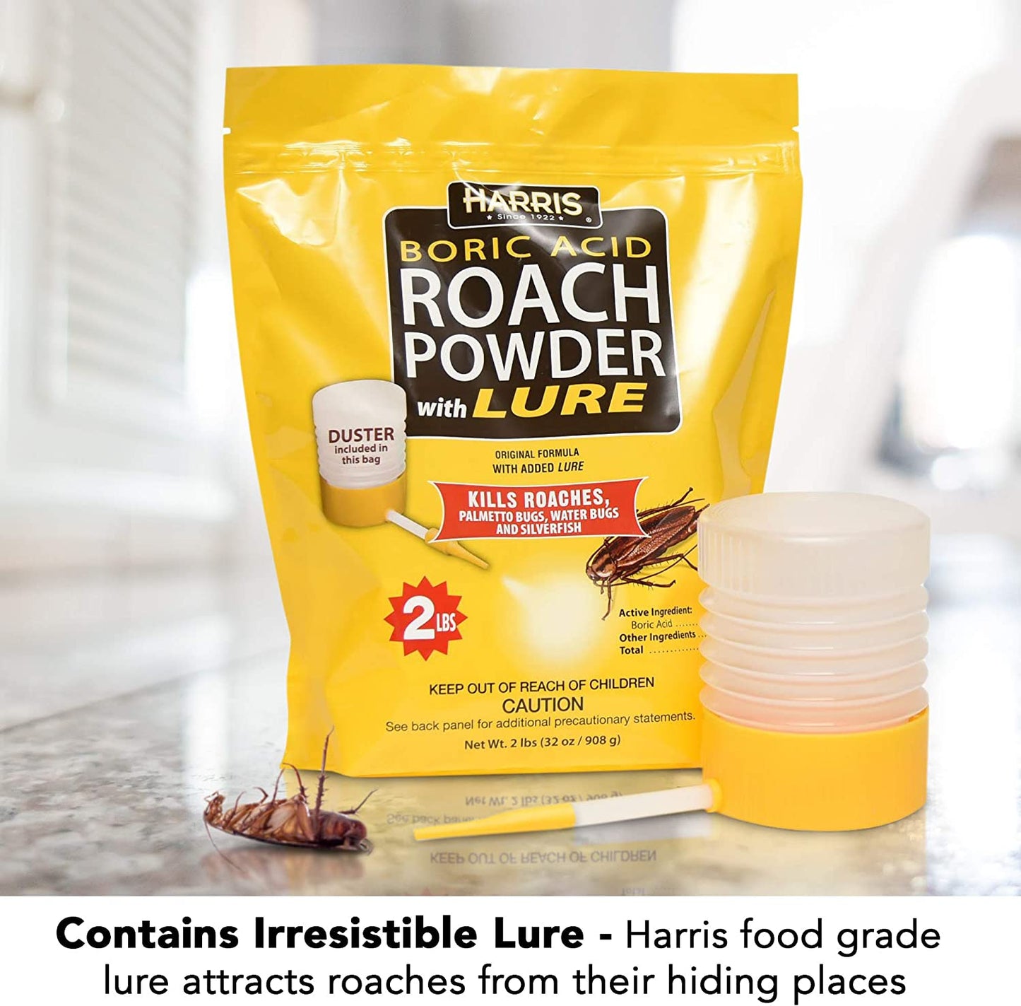 Harris Boric Acid Roach Powder with Lure Original Formula, 2lbs / 32 oz, Duster Included