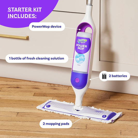 Swiffer Power Mop Multi-Surface Mop Kit for Floor Cleaning, Includes PowerMop, 2 Mopping Pad Refills, 1 Cleaning Solution With Fresh Scent And 2 Batteries