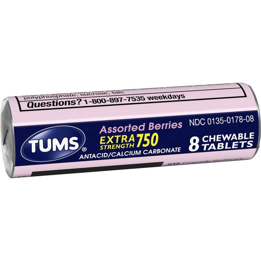 Tums Extra Strength 750, Assorted Berries, Roll of 8 Chewable Tablets