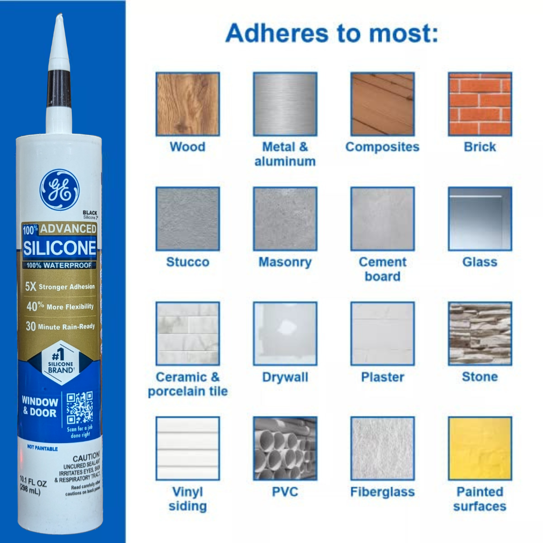 GE Sealants Advanced Silicone 2 for Window & Door Projects 100% Waterproof, 10.1 fl.oz / 299ml