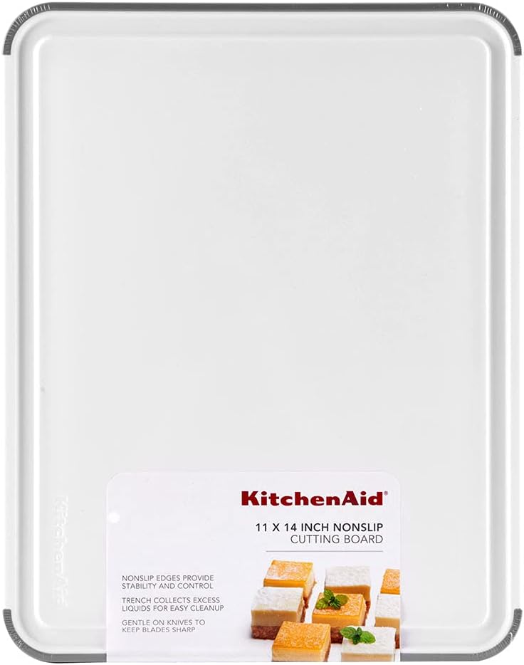 KitchenAid Classic Plastic Cutting Board With Perimeter Trench And Non Slip Edges, Dishwasher Safe, 11 X 14 inch, White And Gray