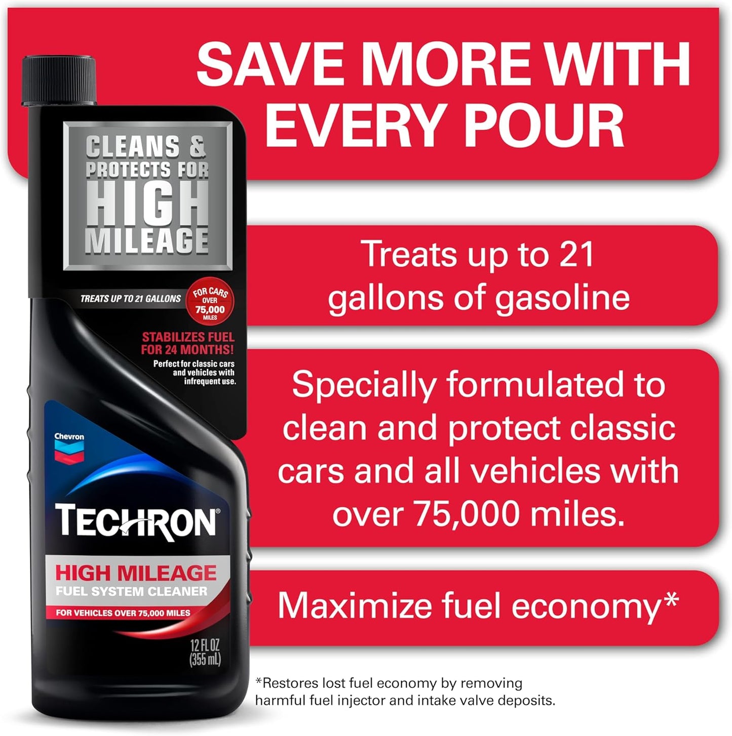 Chevron Techron High Mileage Fuel System Cleaner, 355 ml / 12 fl oz