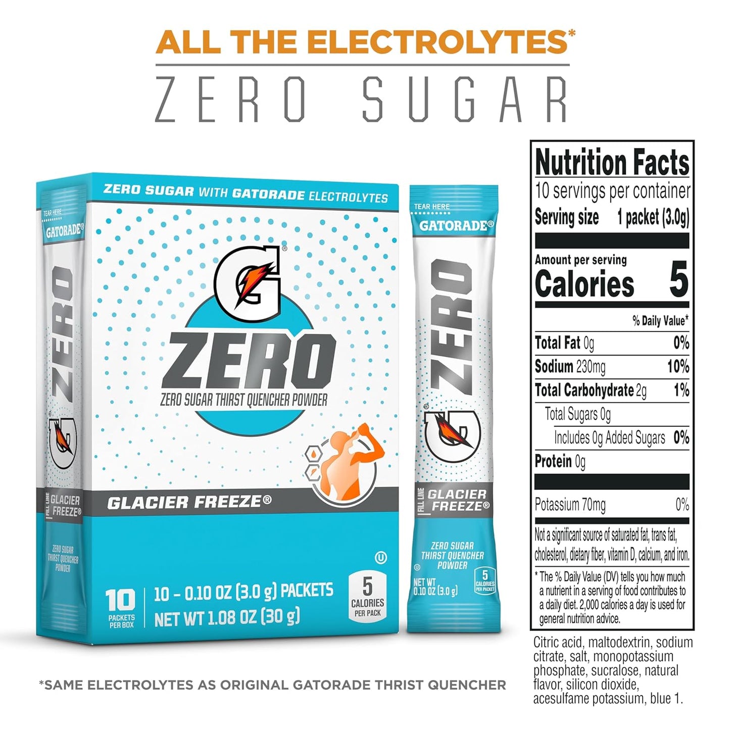 Gatorade G Zero Thirst Quencher Electrolyte Powder Glacier Freeze 3g, 10 Packets