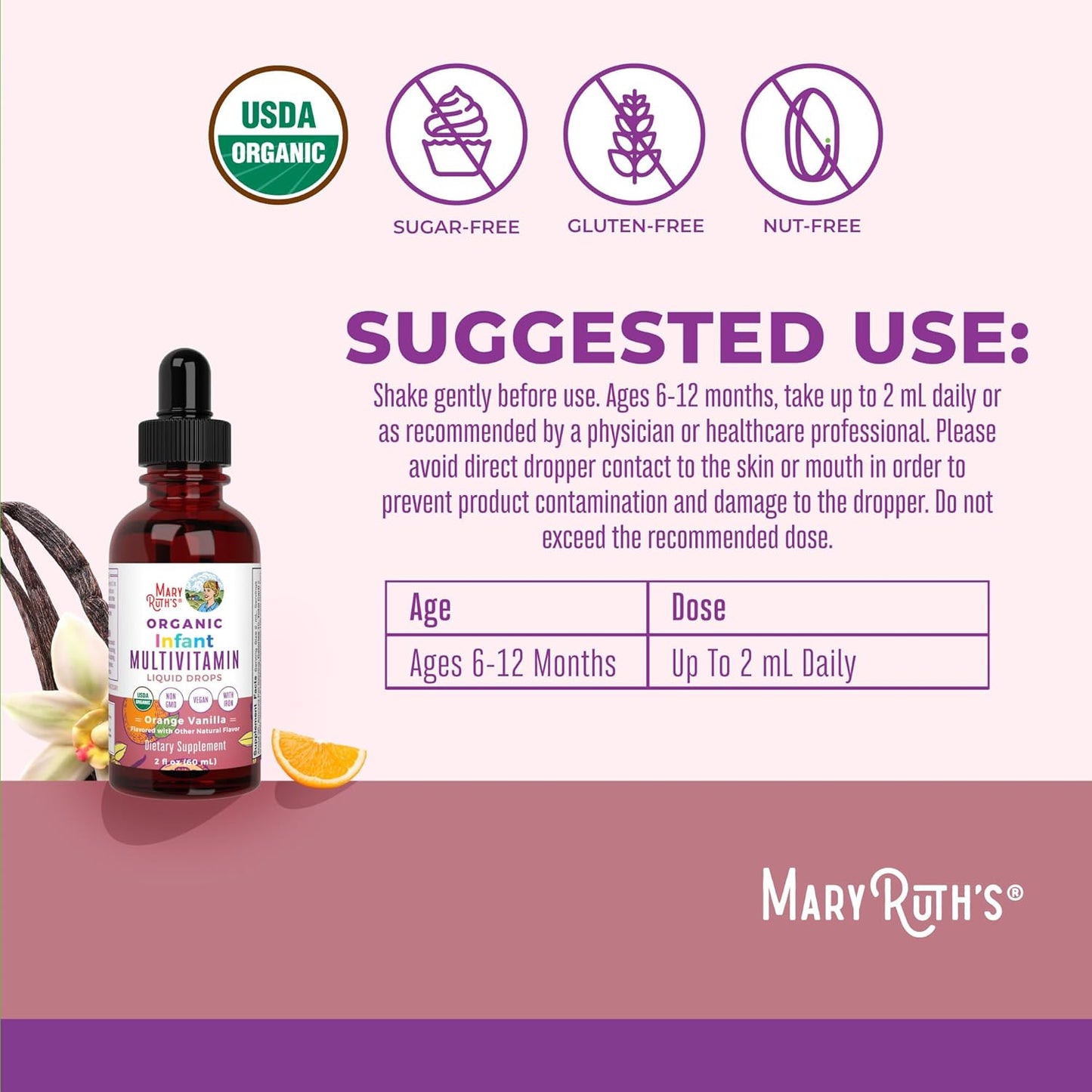 Mary Ruth's Organic with Iron Infant Multivitamin for Immune Support Orange Vanilla, 60 ml / 2 fl oz