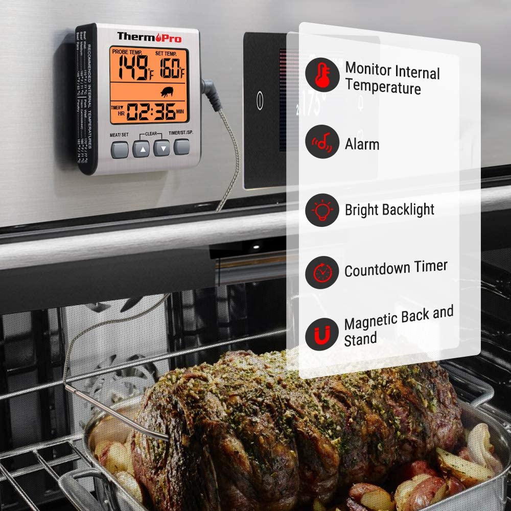 ThermoPro TP-16S Digital Meat Thermometer Smoker Candy Food BBQ Cooking Thermometer for Grilling Oven Deep Fry with Smart Kitchen Timer Mode and Backlight