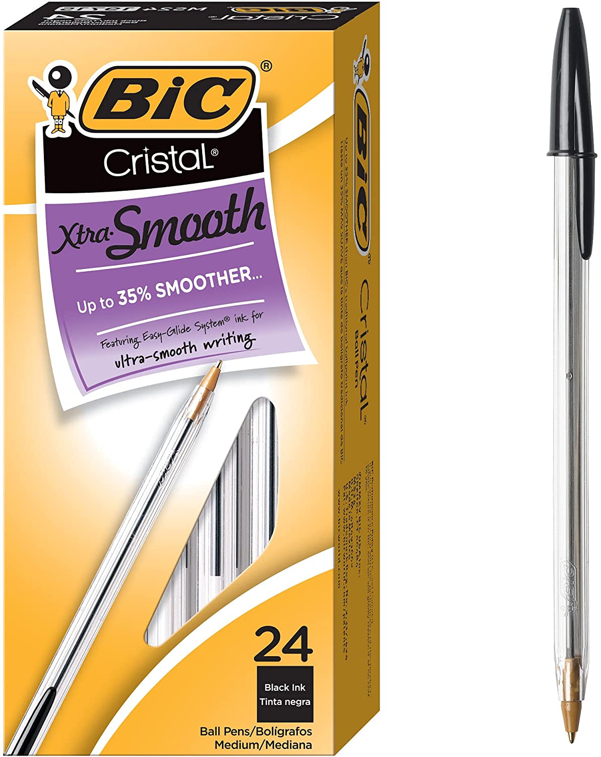 BIC Cristal Xtra Smooth Ball Pens Medium Point (1.0mm), 24 Black Ink (MS24 19715)