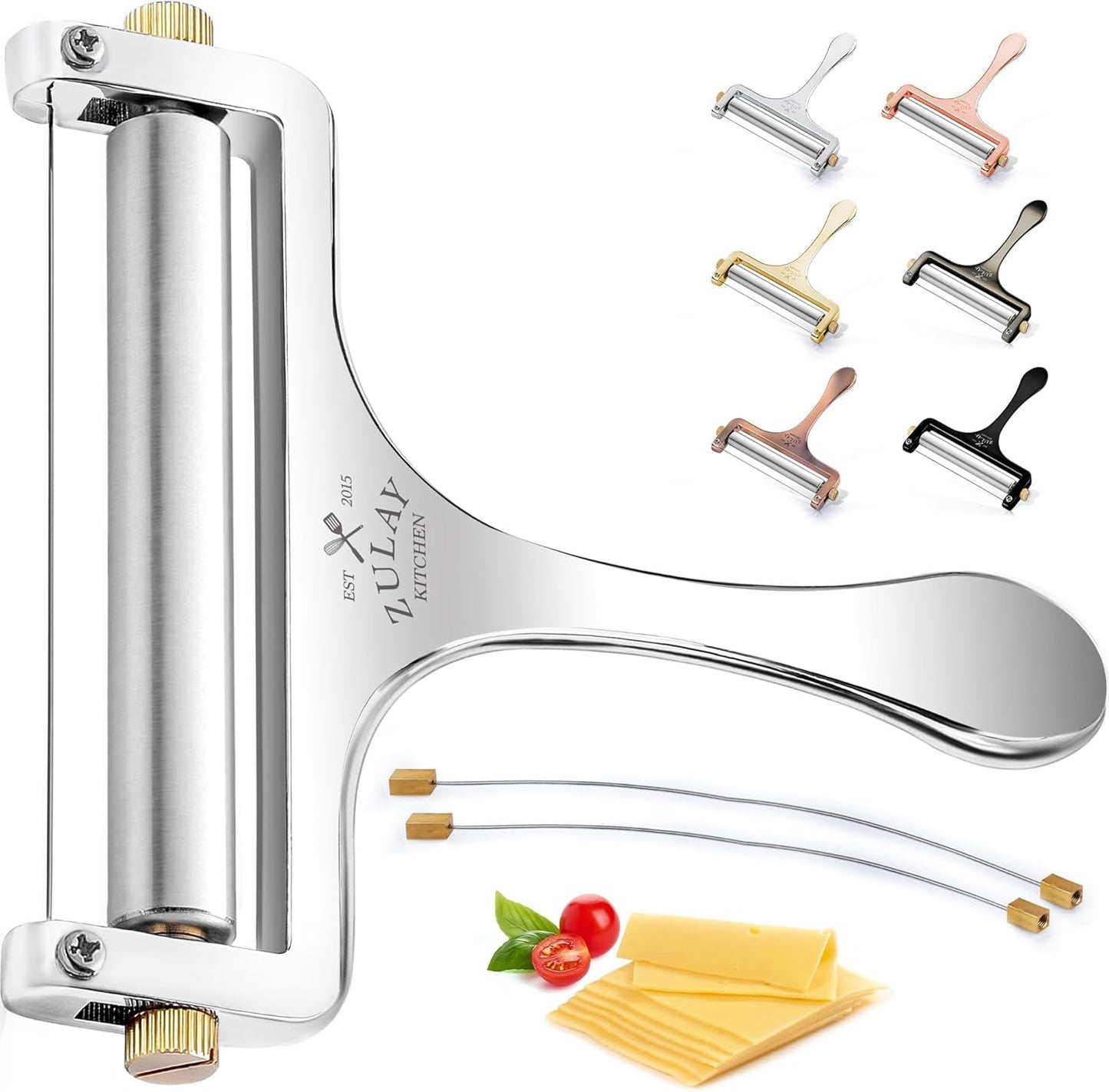 Zulay Kitchen Stainless Steel Wire Cheese Slicer Adjustable Hand Held Cheese Cutter with 2 Extra Wires