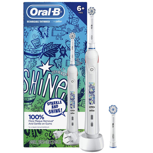 Oral-B Kids Rechargeable Electric Toothbrush with Coaching Pressure Sensor and Timer Powered by Braun, White (1 Handle, 2 Brush heads and 1 Charger)