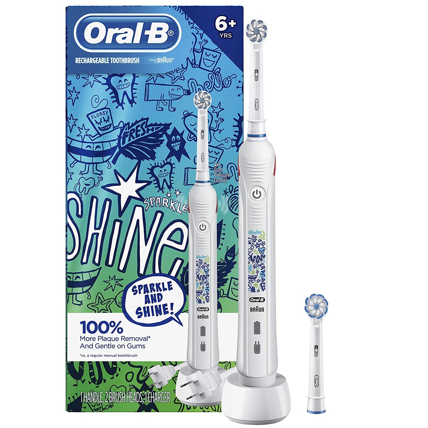 Oral-B Kids Rechargeable Electric Toothbrush with Coaching Pressure Sensor and Timer Powered by Braun, White (1 Handle, 2 Brush heads and 1 Charger)